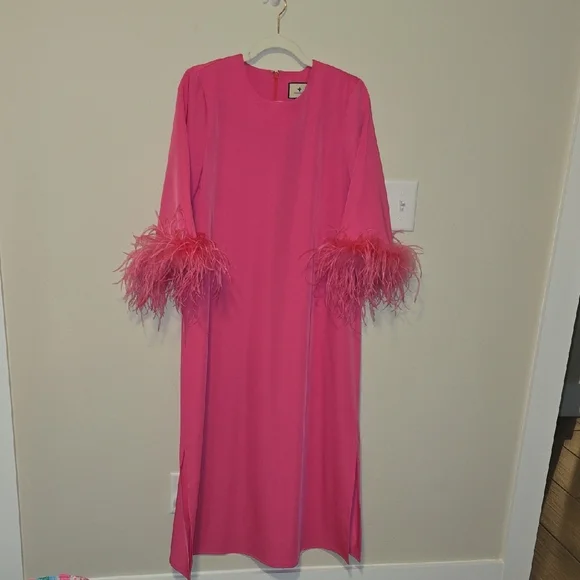 Elegant Pink Feather-Trimmed Dress - Picture 5 of 6